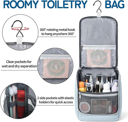 Della Gao Travel Toiletry Bag, Hanging Toiletry Bag for Men and Women, Water-resistant Makeup Bag Cosmetic Toiletries Organizer, Bathroom Bag, Sturdy Nylon, Light Blue