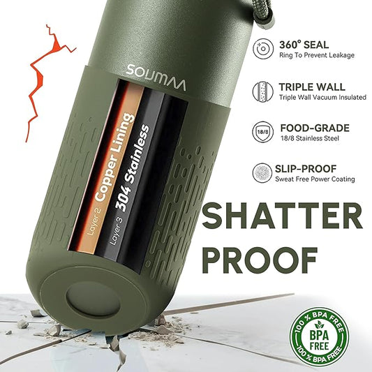 Insulated Stainless Steel Water Bottles with Straw, Wall Vacuum Insulated Water Bottle for Gym Traveling Camping Hiking Outdoor Activity(2 Cleaning Brushes+1 Carabiner, 18 oz Green)