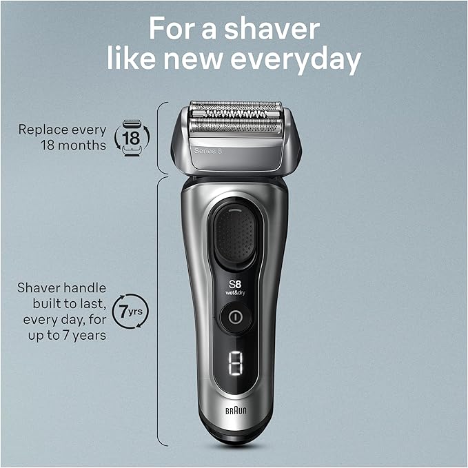 Braun Series 8 Electric Razor for Men, with 4+1 Shaving Elements & Precision Long Hair Trimmer, Close & Gentle Even on Dense Beards, Wet & Dry Electric Razor with 60min Runtime, 8517s Galvano Silver
