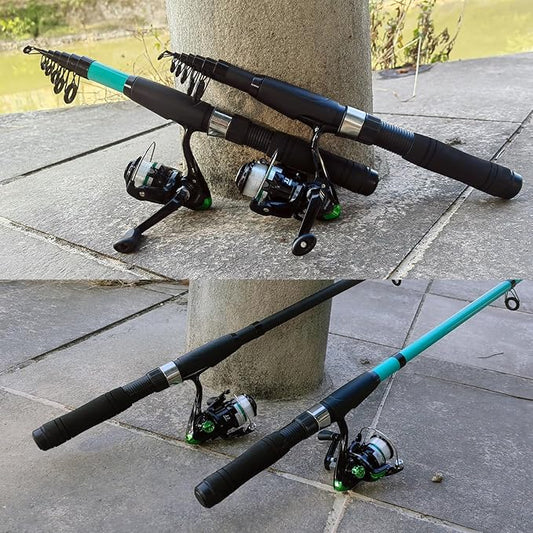 Fishing Rod Reel Set, 2PCS 2.1m/6.89ft Collapsible Fishing Rods + 2PCS Spinning Reels + Fishing Lures Hooks + Carrier Bag + Fishing Pliers Fish Lip Gripper for Travel Saltwater Freshwater Beginner