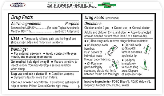 Sting-kill First Aid Anesthetic Swabs, Instant Pain + Itch Relief from Bee Stings and Bug Bites, 10-Count