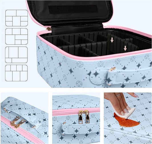 Travel Makeup Bag With 360° rotating LED Mirror,Waterproof cosmetic organizer,Portability Cosmetic case,Makeup organizer,Gift for Women,Girls Gift (Blue+Pink)