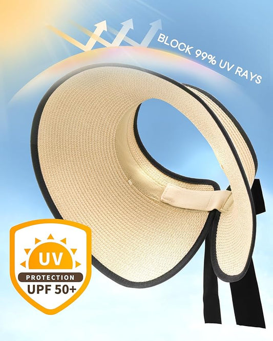 Camptrace Sun Visors for Women Wide Brim Beach Hat Foldable Straw Visor Hat Ponytail Summer Packable UPF 50+
