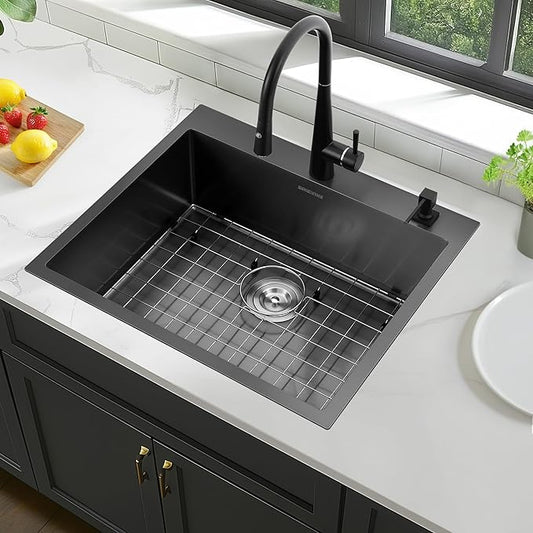 Black Drop-In Kitchen Sink 25 x 22 inch, SINKVINE PVD Nano Stainless Steel Sink for Laundry Outdoor, with Top Mount Large Deep Single Bowl, Drain Strainer, Bottom Grid, Roll-up Drying Unit, Dark Gray