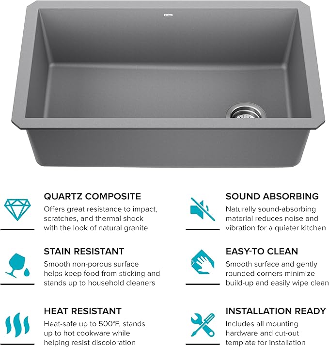 KRAUS Forteza 32-inch Undermount Single Bowl Granite Kitchen Sink in Grey, KGU-55GREY