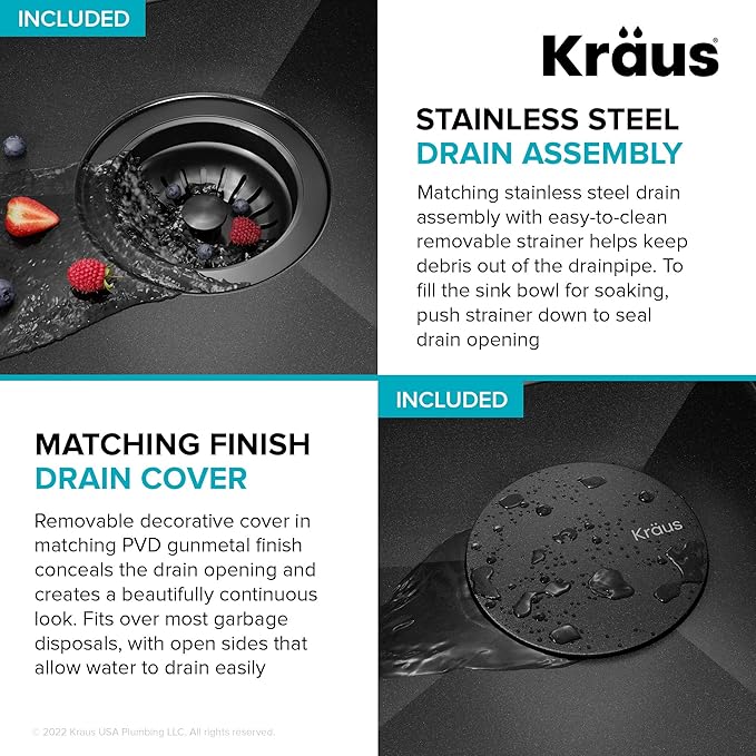 KRAUS Kore 23 Inch Undermount Workstation 16 Gauge Black Stainless Steel Single Bowl Kitchen Sink in PVD Gunmetal Finish with Accessories, KWU1111-23-PGM