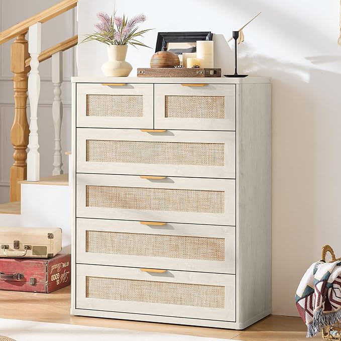 LEYAOYAO White Dresser for Bedroom, Modern 6 Drawers Boho Rattan Dressers - Image 9