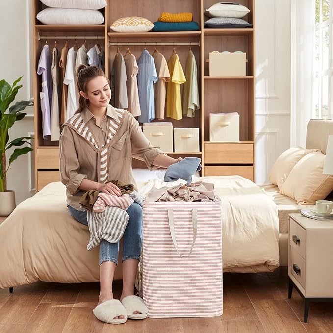 Lifewit Laundry Hamper Large Collapsible Laundry Basket, Freestanding Waterproof Clothes Hamper Storage with Easy Carry Handles for Clothes in Bedroom Bathroom College Dorm for Adults, Pink, 80L