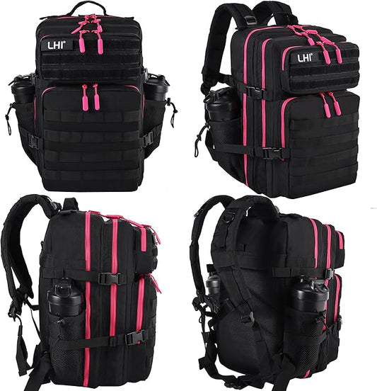 LHI Military Tactical Backpack for Men and Women 45L Army 3 Days Assault Pack Bag Large Rucksack with Molle System - Black with red zipper