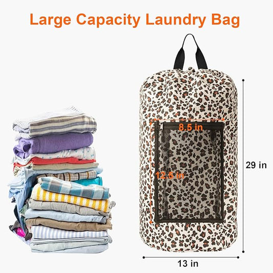 Laundry Bag Backpack Durable Laundry Bag with Shoulder Straps and Mesh Pockets Portable Laundry Dirty Clothes Hamper Bag for College Dorm (Leopard Print)