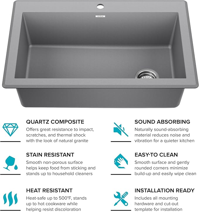 KRAUS Forteza 33-inch Drop In/Undermount Single Bowl Granite Kitchen Sink in Grey, KGD-54GREY