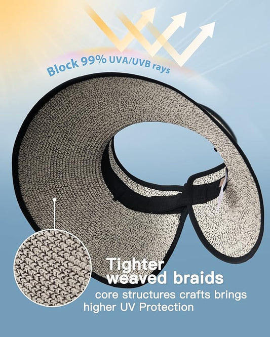 FURTALK Sun Hats for Women Wide Brim Beach Hat Straw Visor Ponytail Summer UV Packable Foldable Beach Vacation Essentials