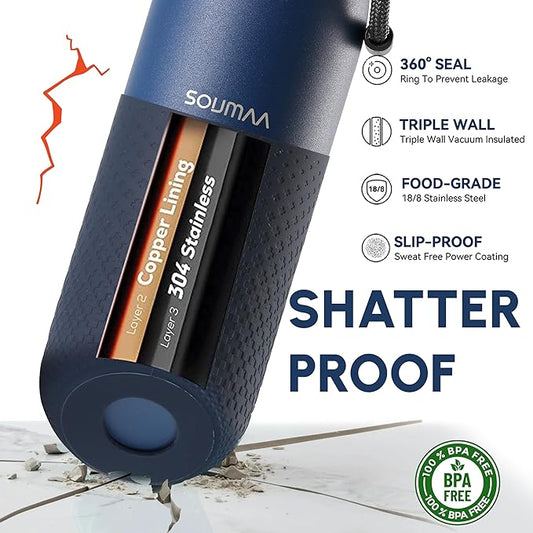 Insulated Stainless Steel Water Bottles with Straw, Wall Vacuum Insulated Water Bottle for Gym Traveling Camping Hiking Outdoor Activity(2 Cleaning Brushes+1 Carabiner, 18 oz Blue)