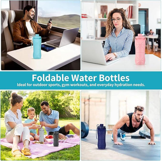 Silicone Collapsible Water Bottles,Lightweight Reusable Leakproof For Traveling Camping Hiking Cycling Sports Outdoor,Foldable Portable Travel Water Bottle 600ML Dark Grey And Dark Blue 2Pack.