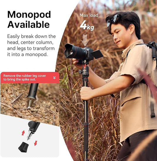 ULANZI TT31 72.4" Camera Tripod, Foldable Tripod & Monopod Aluminum w Claw Quick-Release Plate, 360°Ball Head Detachable w 180°Revertible Legs, Weight 3.42lb, Payload 33lb,for Camera/DSLR/Camcorder
