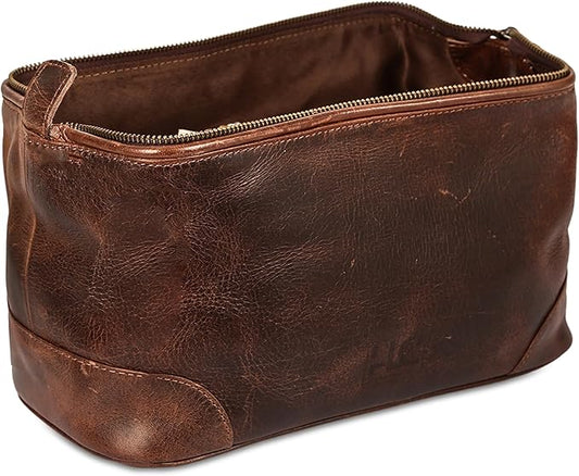 HLC Leather Toiletry Bag for Men - Best Gift for Men - Premium Genuine Leather Dopp Kit Shaving Kit Organizer Travel Kit Pouch Bag for Men - Large Size - Rustic Brown