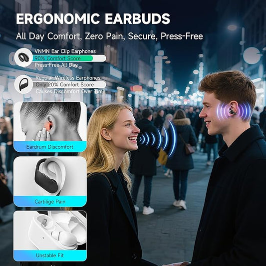 Open Ear Earbuds Wireless Bluetooth 6.1 Earphones, Flexible Clip On Ear buds with 36H Playtime LED Display Bone Conduction Headphones, IPX7 Waterproof Light Weight Fit for Every Ear, Sport, Workout