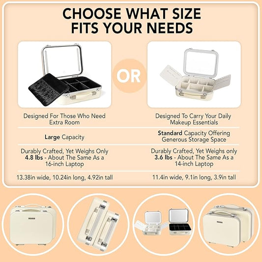 Lighted Makeup Case with Mirror - Standard Size 11.4" x 9" - Travel Makeup Train Case With Mirror - Rechargeable LED Travel Vanity Case with Adjustable Brightness - Train Case Makeup Bag - White