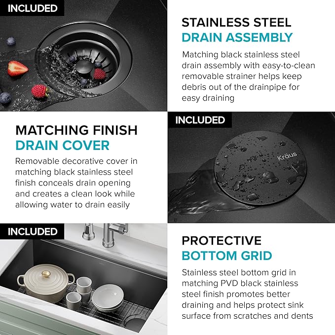 KRAUS Kore Workstation 32-inch Undermount 16 Gauge Black Stainless Steel Single Bowl Kitchen Sink in PVD Gunmetal Finish with Accessories, KWU110-32/PGM