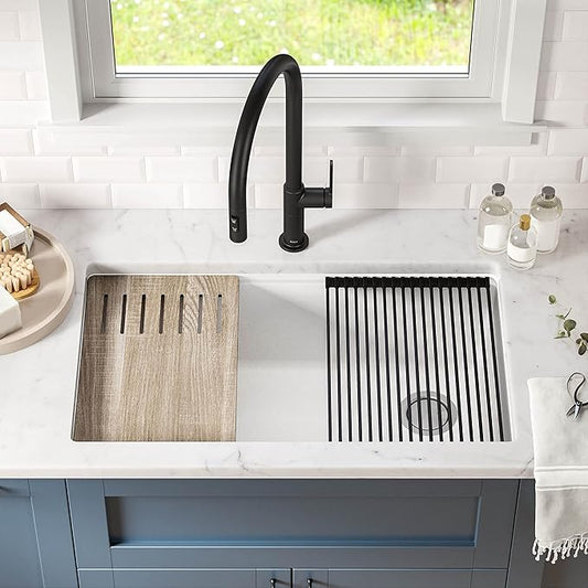 KRAUS Bellucci Workstation 32 in. Undermount Granite Composite Single Bowl Kitchen Sink in White with Accessories with WasteGuard™ Continuous Feed Garbage Disposal, KGUW1-33WH-100-75MB