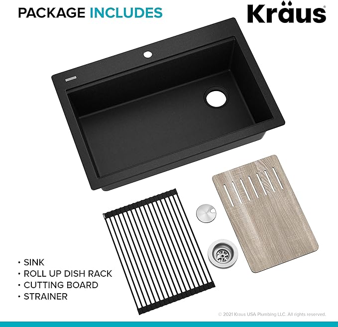 KRAUS Bellucci Workstation 33" Single Bowl Granite Kitchen Sink in Metallic Black w/Accessories, KGTW2-33MBL, Includes Dish Drainer/Dish Drying Rack