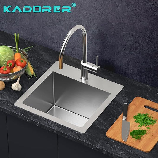 15 x 15 Inch Drop In Kitchen Bar Sink, Stainless Steel Single Bowl Topmount Bar Prep Sink Small Kitchen Sink with Basket Strainer