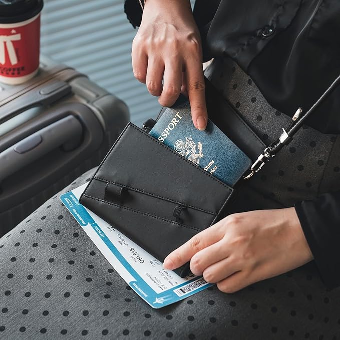 Real Leather Wallet RFID Blocking Passport Holder with Travel Lanyard Document Organizer Brown (Black)