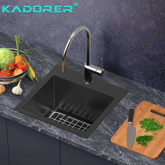 15 x 15 Inch Black Drop In Kitchen Sink - Single Bowl Topmount Bar Prep Sink, 18 Gauge Stainless Steel with Grid and Basket Strainer