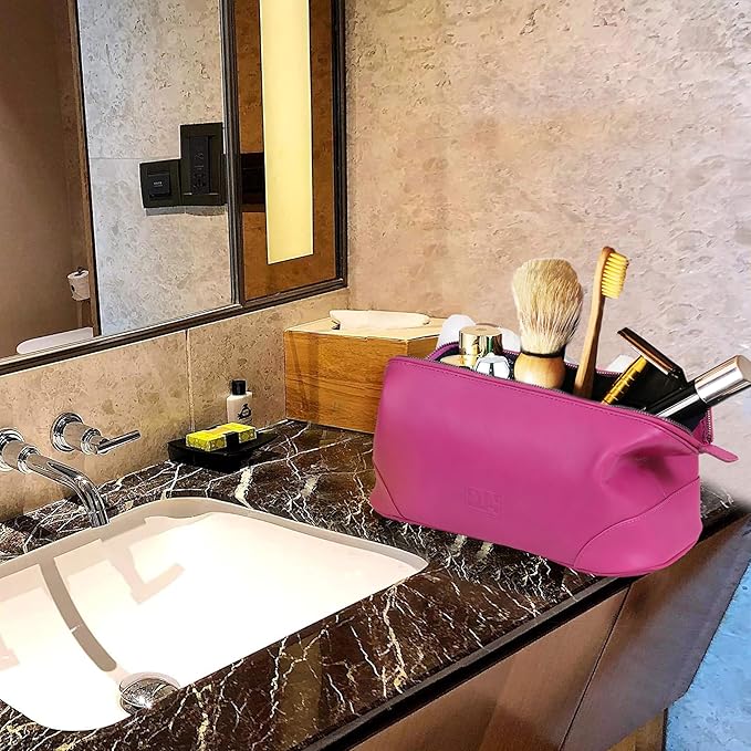 HLC Leather Toiletry Bag for Men - Best Gift for Men - Premium Genuine Leather Dopp Kit Shaving Kit Organizer Travel Kit Pouch Bag for Men - Large Size (pink)