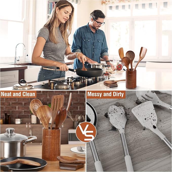 15Piece Wooden Spoons for Cooking Natural Teak Wooden Kitchen Utensils Set - Image 7