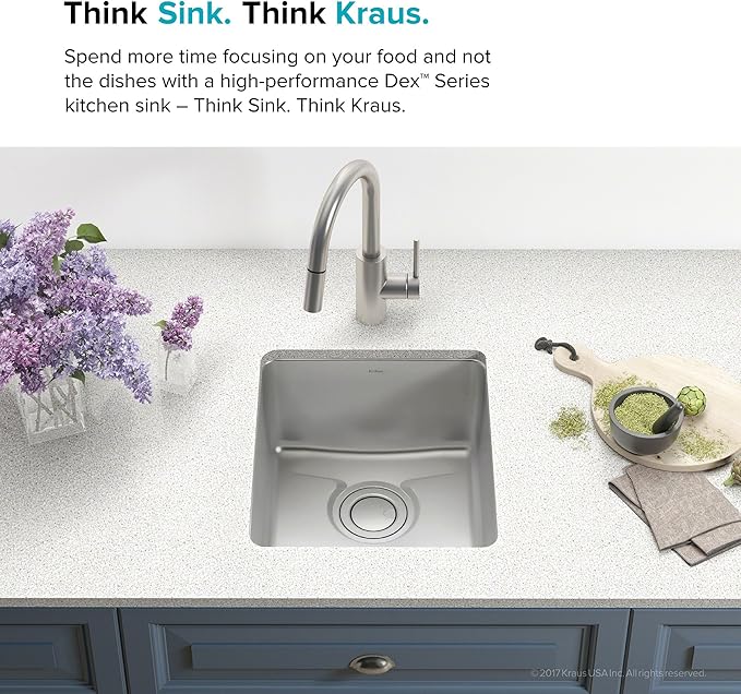 KRAUS Dex 17-Inch Undermount Single Bowl TRU16 Gauge Stainless Steel Kitchen Bar Sink with DrainAssure WaterWay and VersiDrain Assembly in Radiant Pearl Finish, KD1US17B