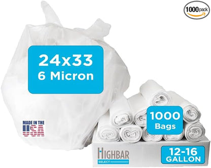 12-16 Gallon Trash Bags, Bulk Pack of 1000 High Density 6 Micron Clear Trash by HighBarTrashLiners