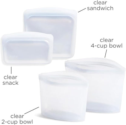 Stasher Premium Silicone Reusable Food Storage Bags, 4-Pack, Clear, Multi-Use Food Storage Bags, Lunch Bag, Travel Containers, BPA Free, Leak-free, Dishwasher-Safe, Eco-friendly