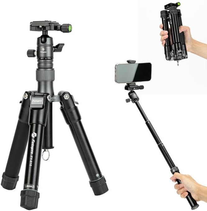 Fotopro Mini Tripod with Ball Head, Phone Mount Detachable Selfie Stick, Folded only 8.6", Max Load up to 6.6 lbs. FY-810 Matt Grey