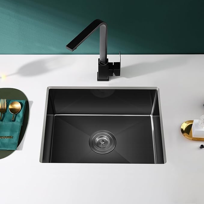 20-inch Undermount Kitchen Sink Black, T304 Stainless Steel Single Bowl Kitchen Sink Undermount, 9-inch Deep Sink Bowl Small Bar Sink, D20"xW16"xH9"