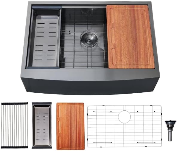 Black Farmhouse Sink 33 Inch - COMLLEN 33x22 Apron Front Farmhouse Kitchen Sinks 16 Gauge Stainless Steel Undermount Ledge Workstation Deep Single Bowl Luxury Rustic Farm Sinks with All Accessories