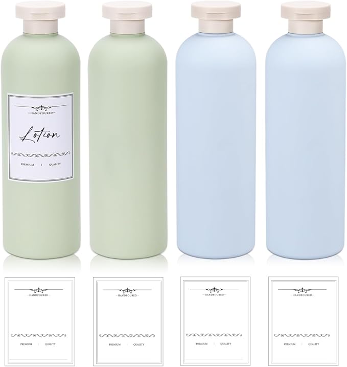 13.5 oz Plastic Travel Shampoo Bottles, Refillable Flip Cap Squeeze Bottles for Toiletries, Large Leakage-proof Travel Shampoo and Conditioner Container (Blue and Green)
