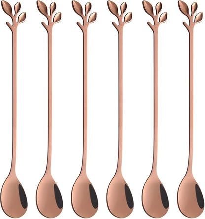AnSaw 6-Piece Elegant Rose Gold Leaf Long Handle Teaspoons by AnSaw