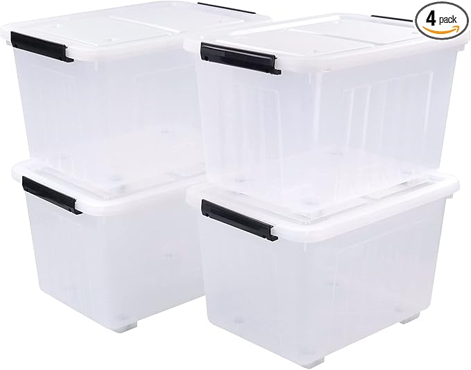 4 Packs 30 L Stackable Plastic Storage Bins with Lids and Wheels, Latching Clear Storage Container Box