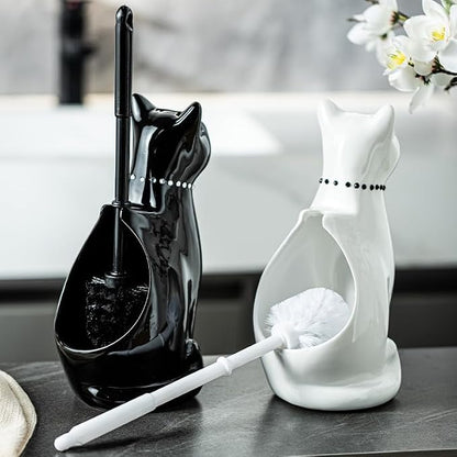 Comeon Ceramic Cat White/Black Toilet Brush and Holder Set, Plastic Handled - Image 8