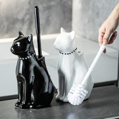 Comeon Ceramic Cat White/Black Toilet Brush and Holder Set, Plastic Handled - Image 9