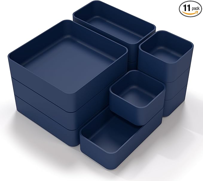 11-Piece Stackable Drawer Organizer Set, Multi-size Desk Drawer Organizer Trays Vanity Storage Bins for Storing Makeup, Stationery, Utensils in Bathroom Dresser, Office and Kitchen