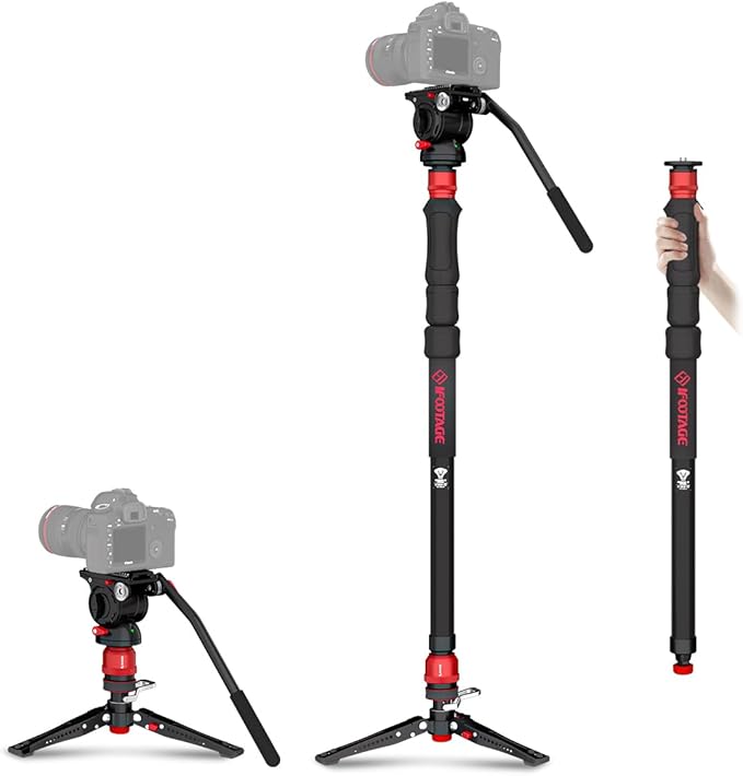 IFOOTAGE Cobra 3 Strike Monopod with Feet,Portable Travel Monopod for Camera A150S Ⅲ with Pan Tilt Head K5S,Pedal Design Base,One-Click to Extend Height 59"/150cm,Payload 11lbs/5KG