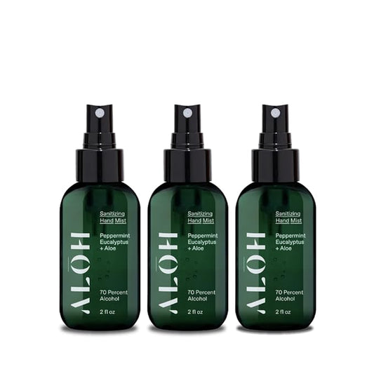 ALŌH Sanitizing Hand Mist 3-pack | Peppermint Eucalyptus + Aloe | 70% Alcohol Hydrating Hand Sanitizer Spray with Essential Oil, for Kids & Adults | 2oz Travel Size Bottle (Set of 3)