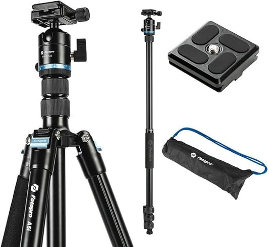 Fotopro 73" Camera Tripod, Aluminum Compact Travel Tripod and Monopod with 360° Ball Head Quick Release Plate, Professional Camera Tripod for DSLR, A4I A5I (Blue, 80 Inch)