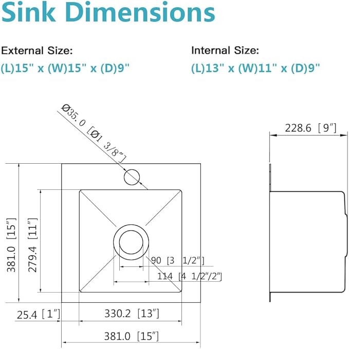ARTLINE 15 x 15 Inch Black Drop in Bar Sink, Stainless Steel Single Bowl Kitchen Sink, Small Topmount 9 Inch Deep Wet Bar sink for Outdoor Prep RV Yard Laundry Utility with Dish Grid & Drain