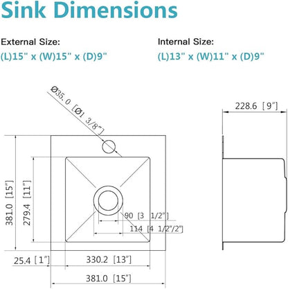 ARTLINE 15 x 15 Inch Black Drop in Bar Sink, Stainless Steel Single Bowl Kitchen Sink, Small Topmount 9 Inch Deep Wet Bar sink for Outdoor Prep RV Yard Laundry Utility with Dish Grid & Drain
