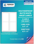 Premium Label Supply Waterproof Matte White Sticker Labels – 3.5" x 5" – Inkjet Printers Only – (4 per Sheet), 10 Sheets - 40 Total Adhesive Labels