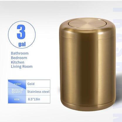 Waste Can 3 Gallon with Swing Lid，Brushed Stainless Steel Gold Trash Can，Metal - Image 4
