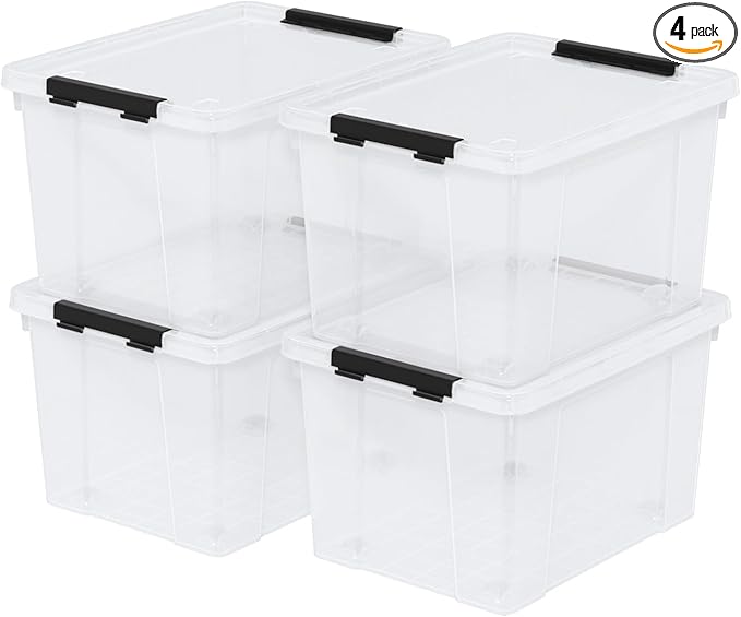 22 Qt Latching Storage Box, Stackable Bin with Latch Lid, Plastic Storage Container Tote, Clear, 4-Pack